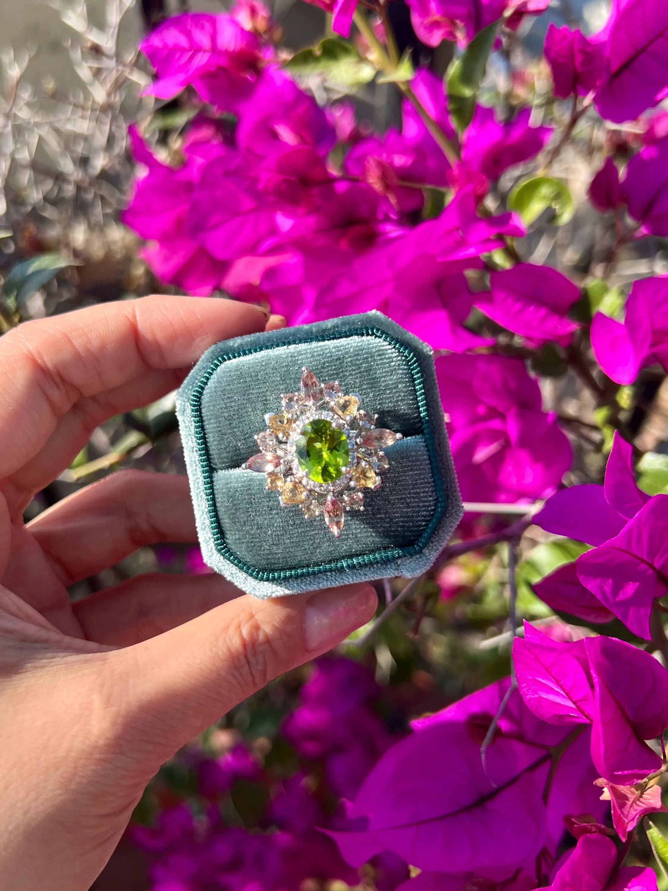 Top-Grade Natural Burmese Peridot Ring with Tourmaline Accents