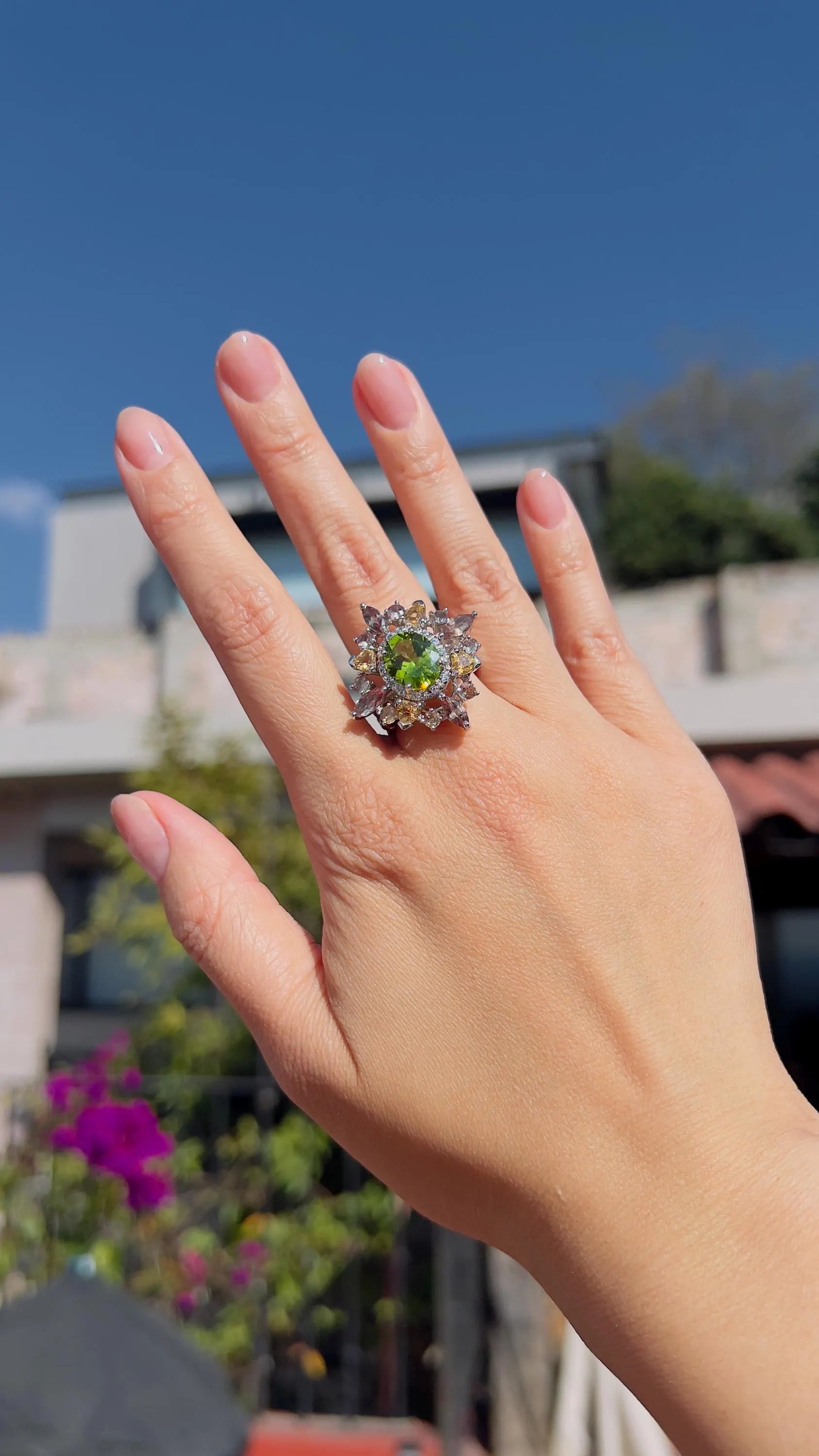 Top-Grade Natural Burmese Peridot Ring with Tourmaline Accents