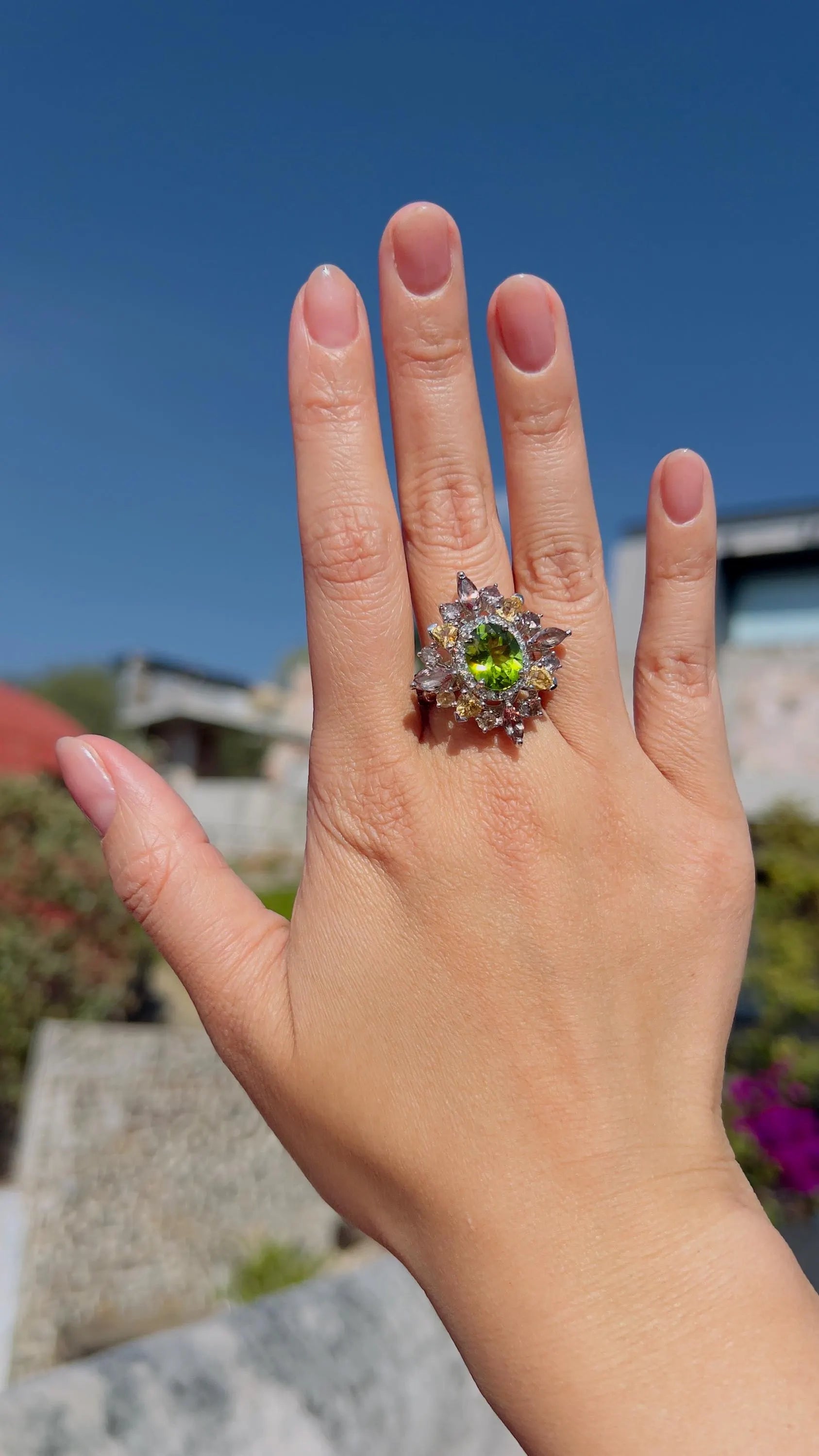 Top-Grade Natural Burmese Peridot Ring with Tourmaline Accents