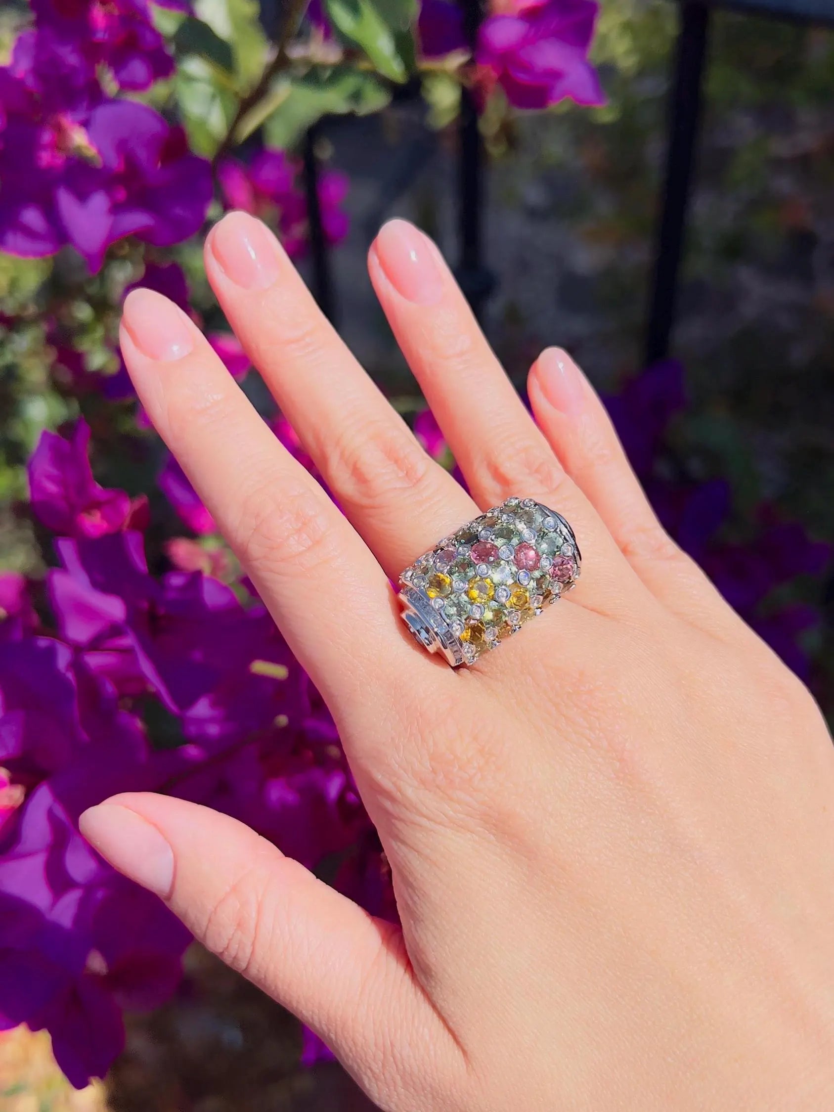 Natural Multi-Color Tourmaline & Sapphires Barrel Ring