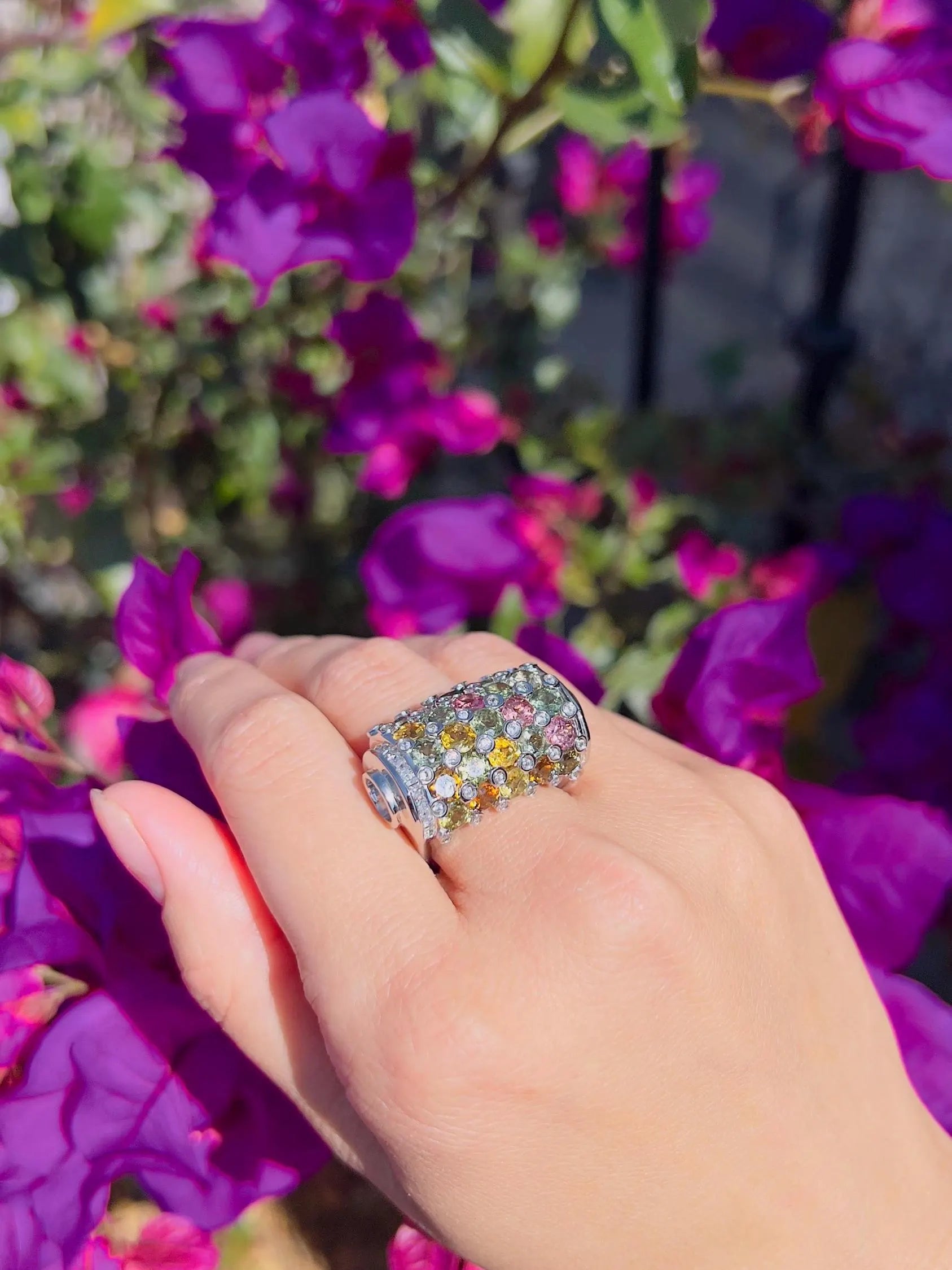 Natural Multi-Color Tourmaline & Sapphires Barrel Ring