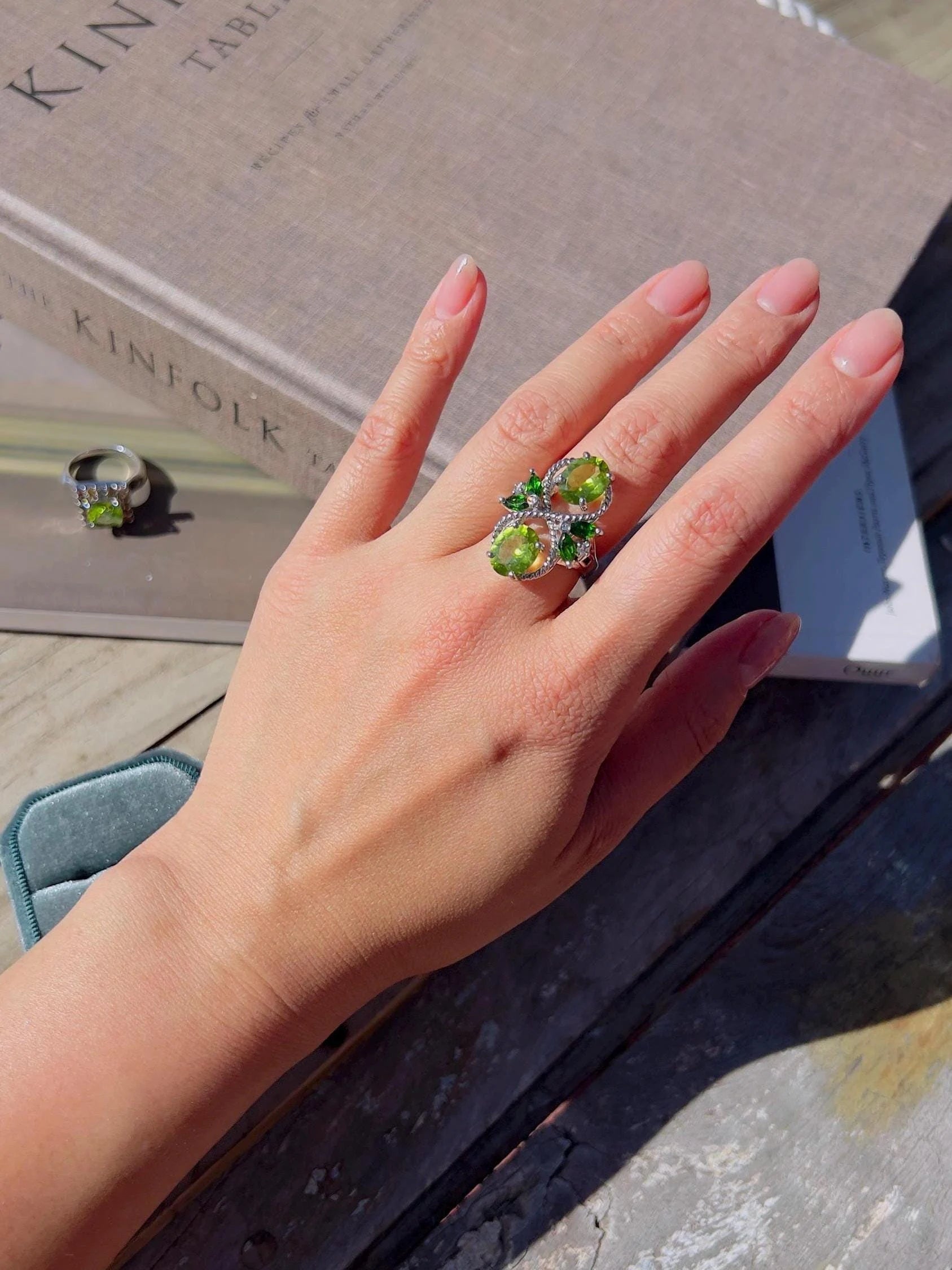 Natural Burmese Peridot Ring with Tourmaline Accents Cocktail Ring