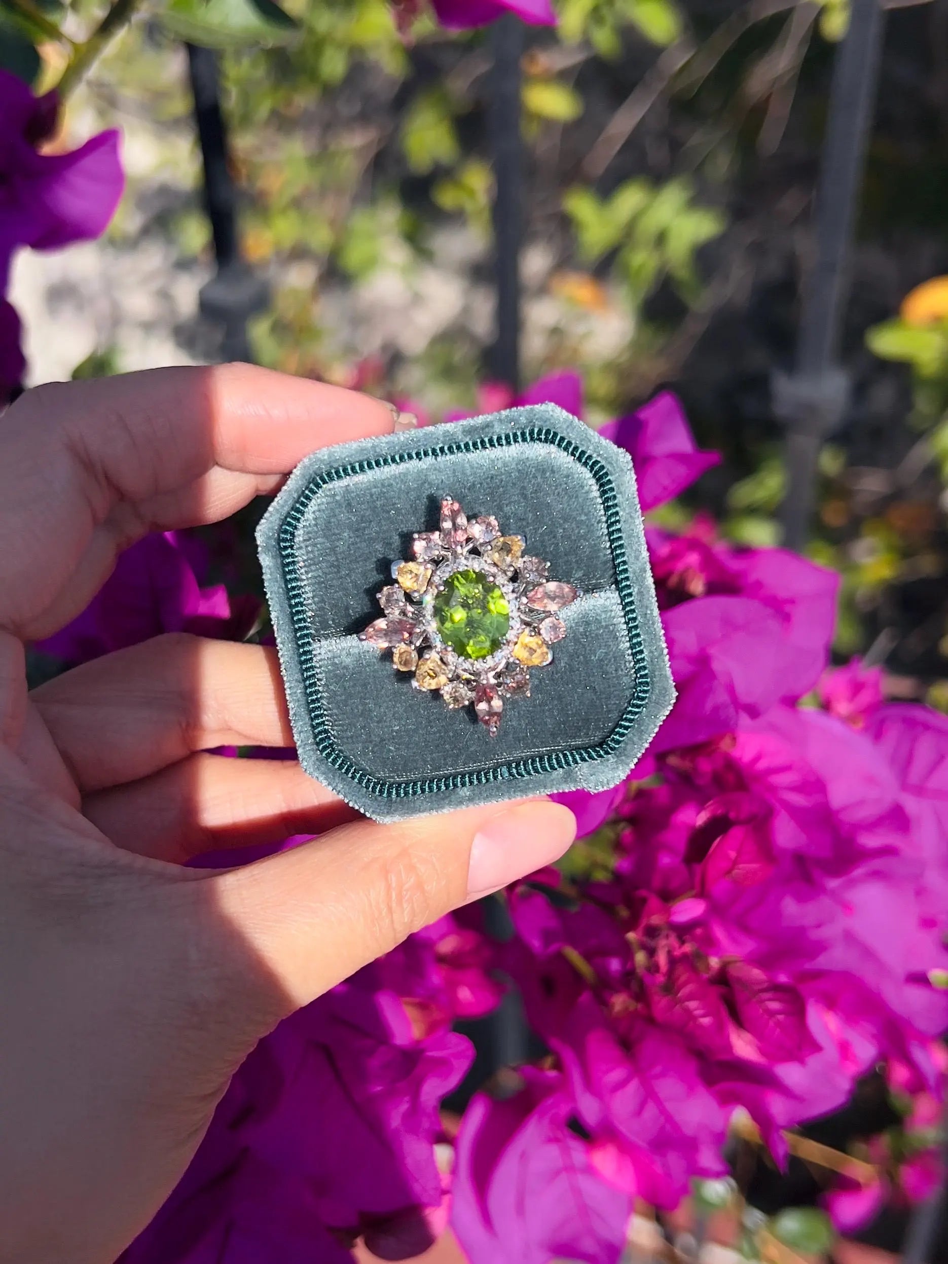 Top-Grade Natural Burmese Peridot Ring with Tourmaline Accents