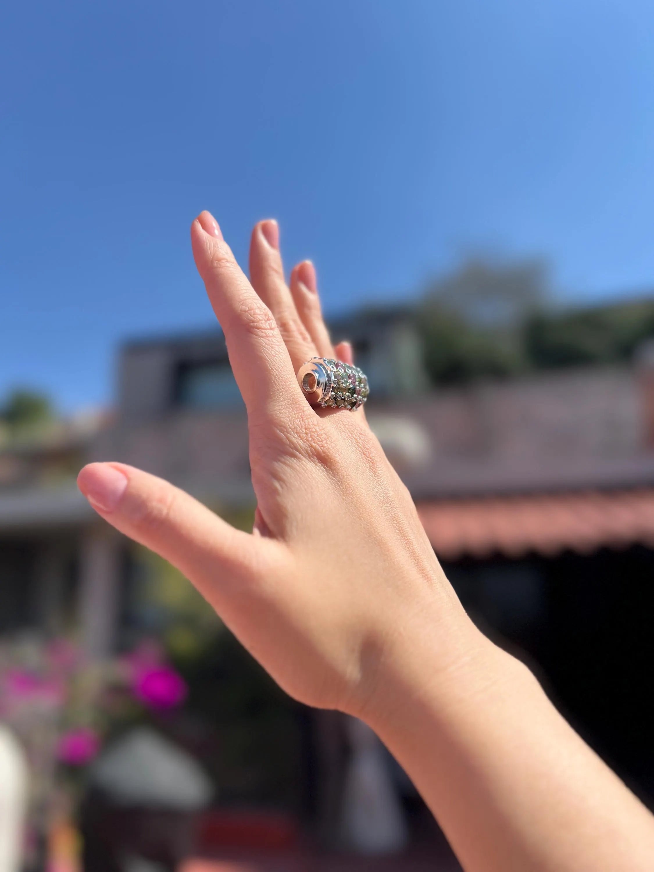 Natural Multi-Color Tourmaline & Sapphires Barrel Ring