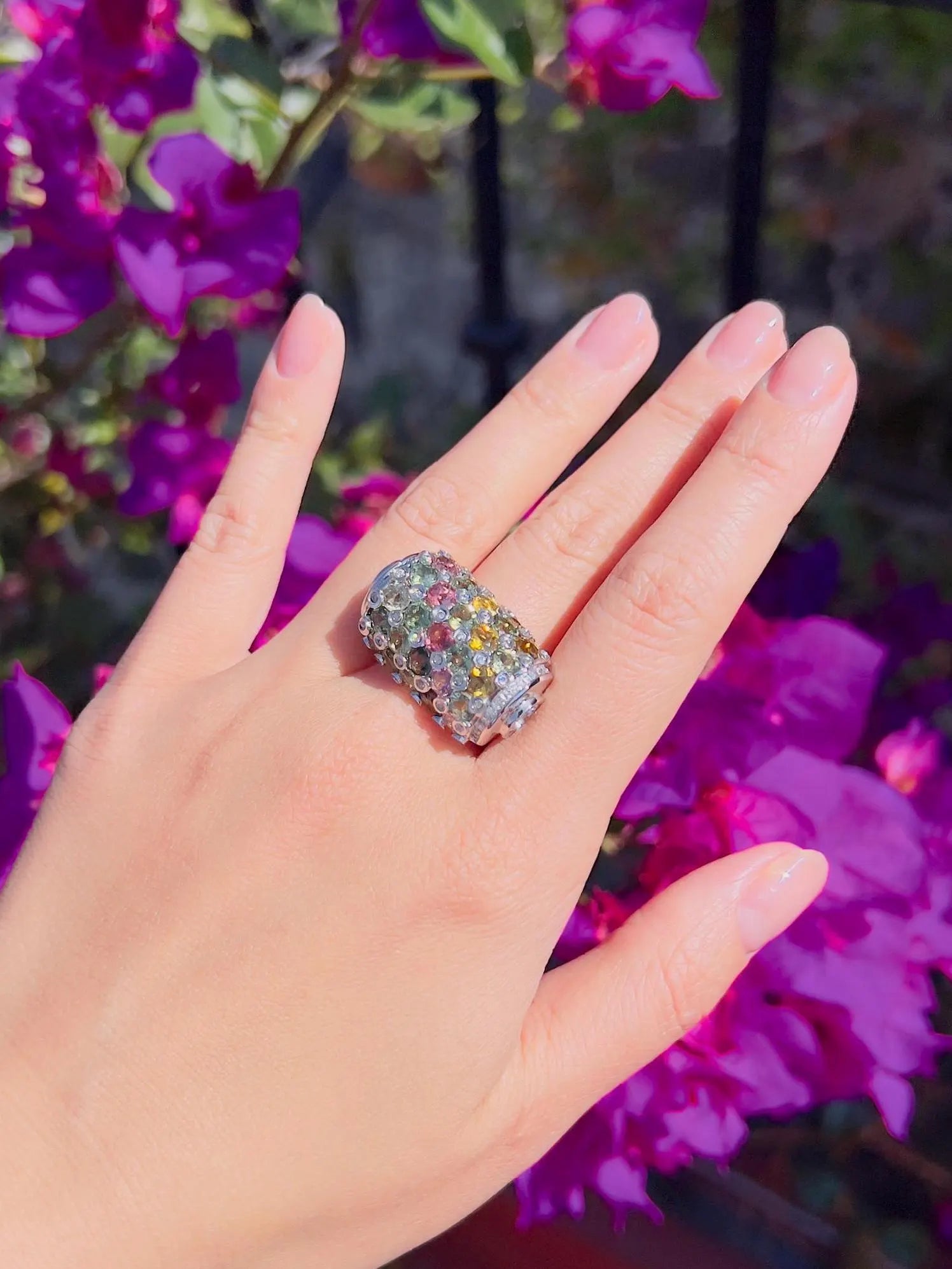 Natural Multi-Color Tourmaline & Sapphires Barrel Ring