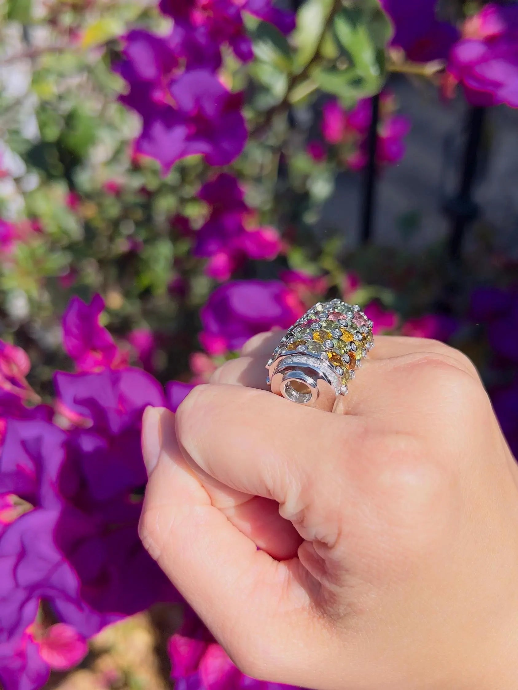 Natural Multi-Color Tourmaline & Sapphires Barrel Ring