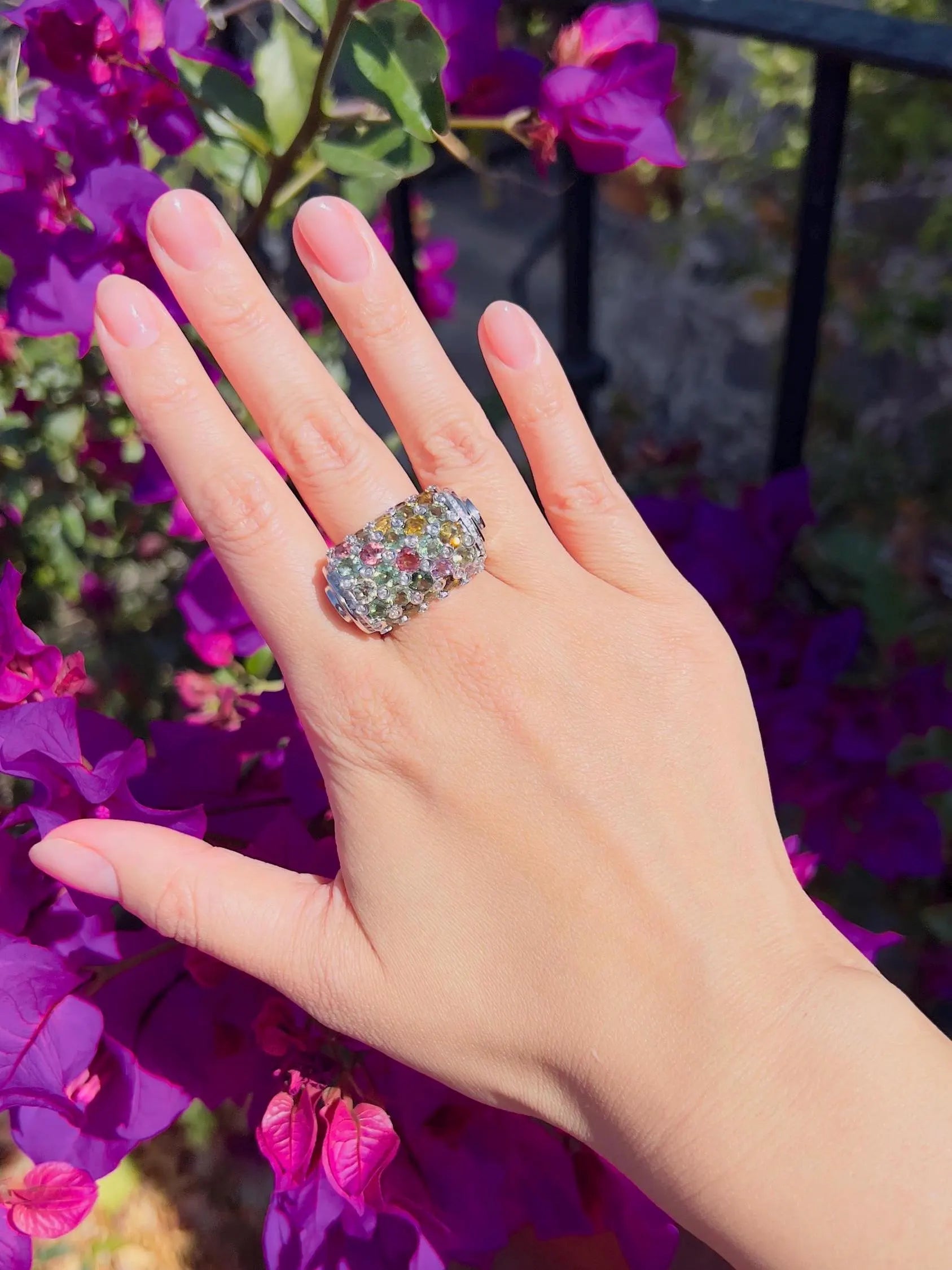 Natural Multi-Color Tourmaline & Sapphires Barrel Ring