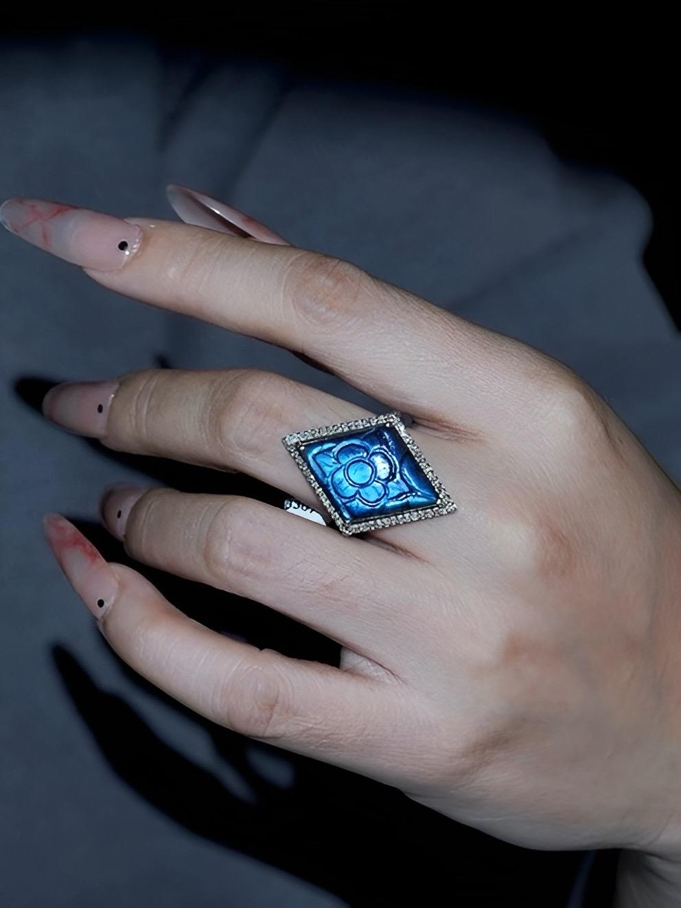 Natural Labradorite Carving and Diamonds Silver Ring