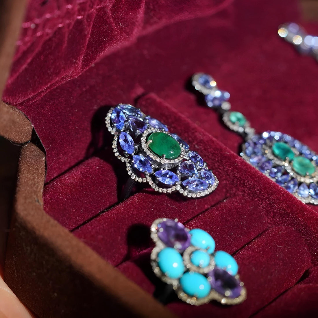 One-of-a-Kind 18K Solid White Gold Tanzanite, Emerald, and Diamond Cocktail Ring