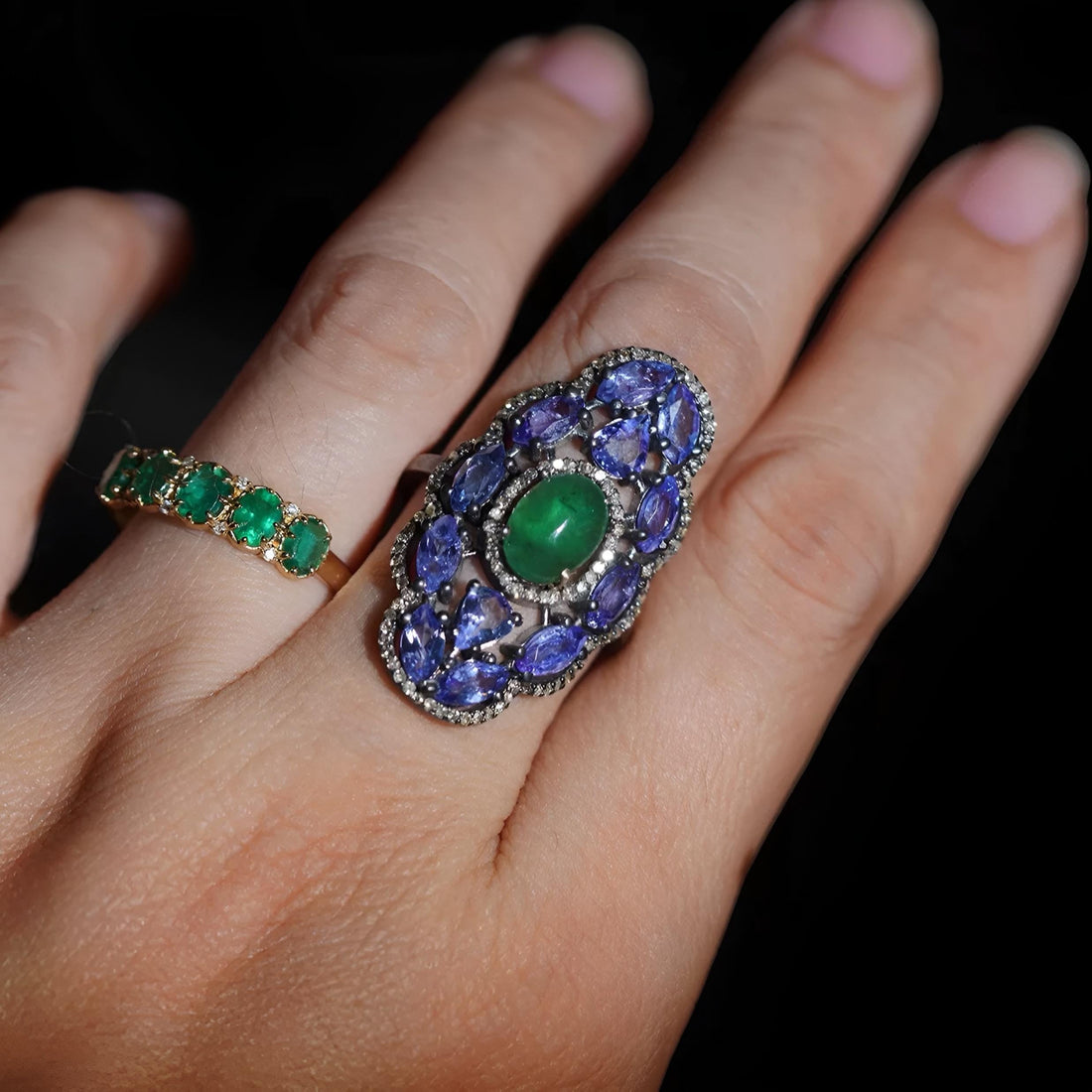 One-of-a-Kind 18K Solid White Gold Tanzanite, Emerald, and Diamond Cocktail Ring