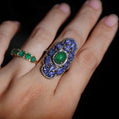 One-of-a-Kind 18K Solid White Gold Tanzanite, Emerald, and Diamond Cocktail Ring