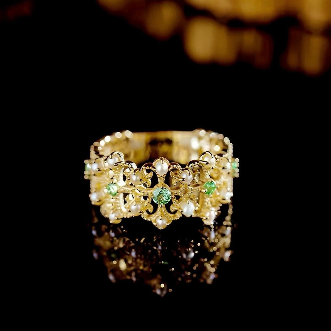 18K Solid Gold Lace Ring with Natural Tsavorite Garnets and Saltwater Pearls – Customizable Gold Lace Ring