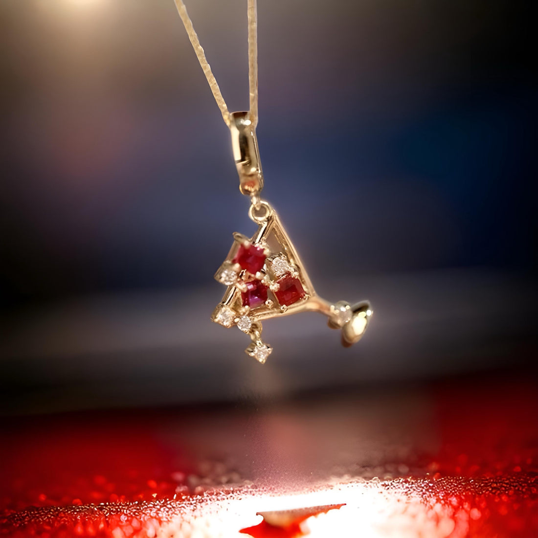 18K Solid Gold Ruby Martini Pendant Charm Necklace with Natural Diamonds , July Birthstone, Natural Ruby Pendant, Gold Martini Glass Charm