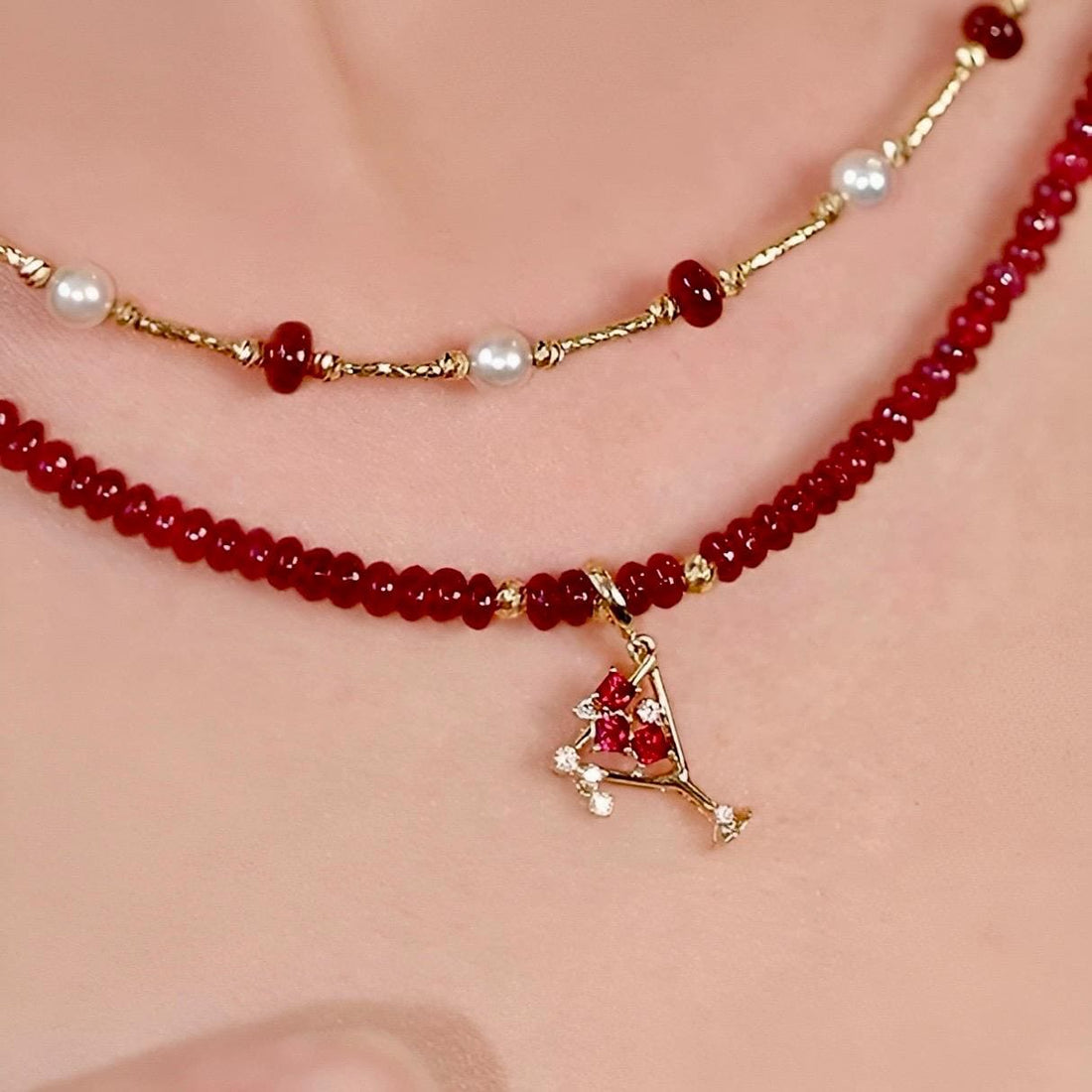 18K Solid Gold Ruby Martini Pendant Charm Necklace with Natural Diamonds , July Birthstone, Natural Ruby Pendant, Gold Martini Glass Charm