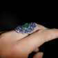 One-of-a-Kind 18K Solid White Gold Tanzanite, Emerald, and Diamond Cocktail Ring