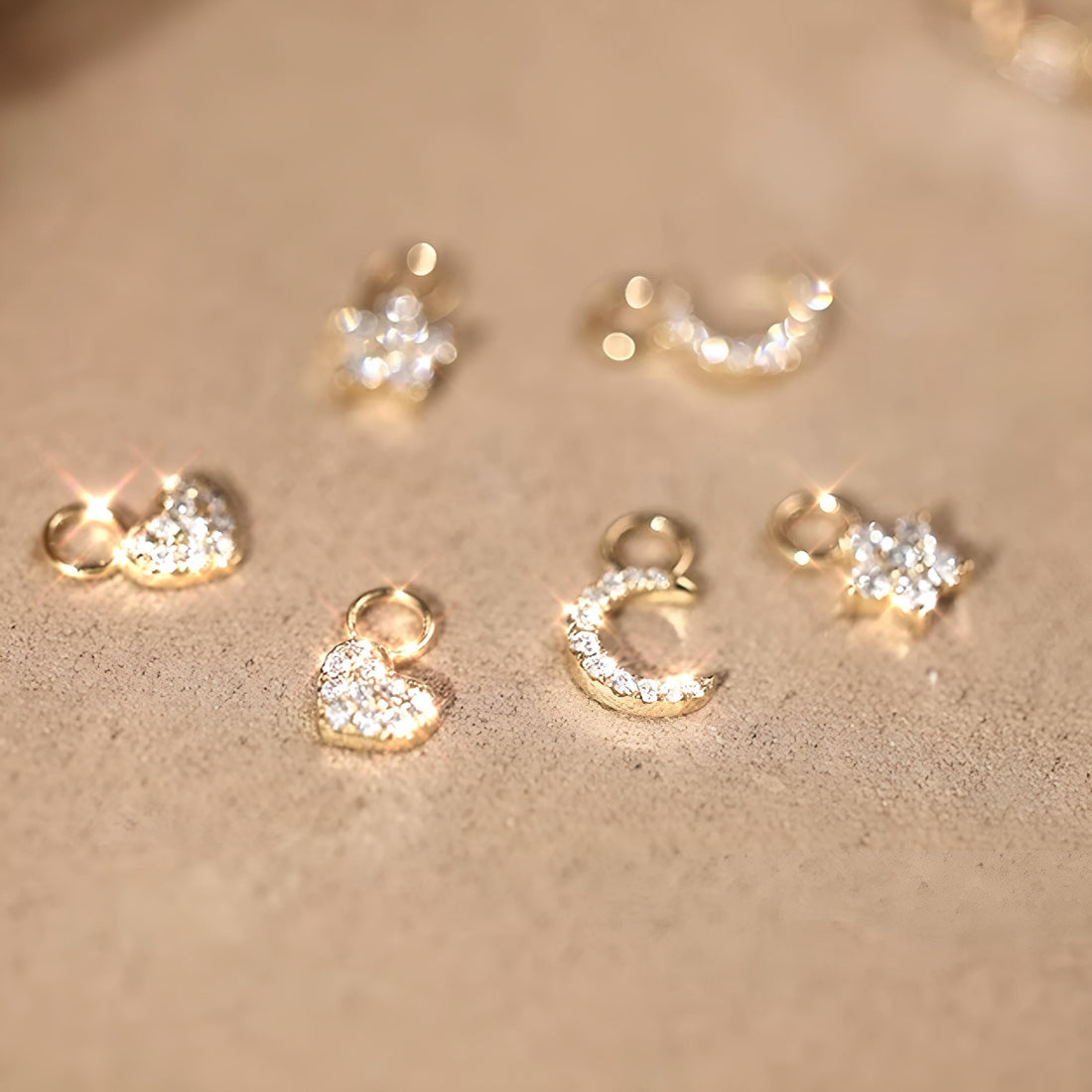 18K Solid Gold Pavé Diamond Charms – Crescent Moon, Heart & Flower | Dainty Charms for Hoops Earrings or Bracelets, Gift for her