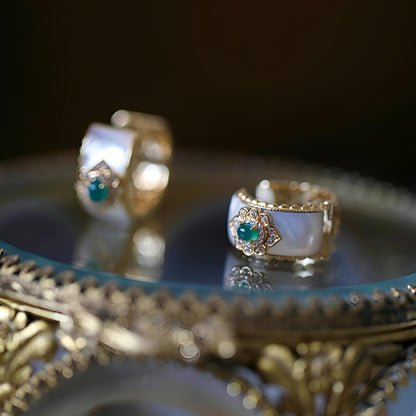 Vintage French-Inspired Small-Batch Artisanal Earrings with Green Jade and Mother of Pearl in Gold, Statement hoop Earrings,  gold hoops,
