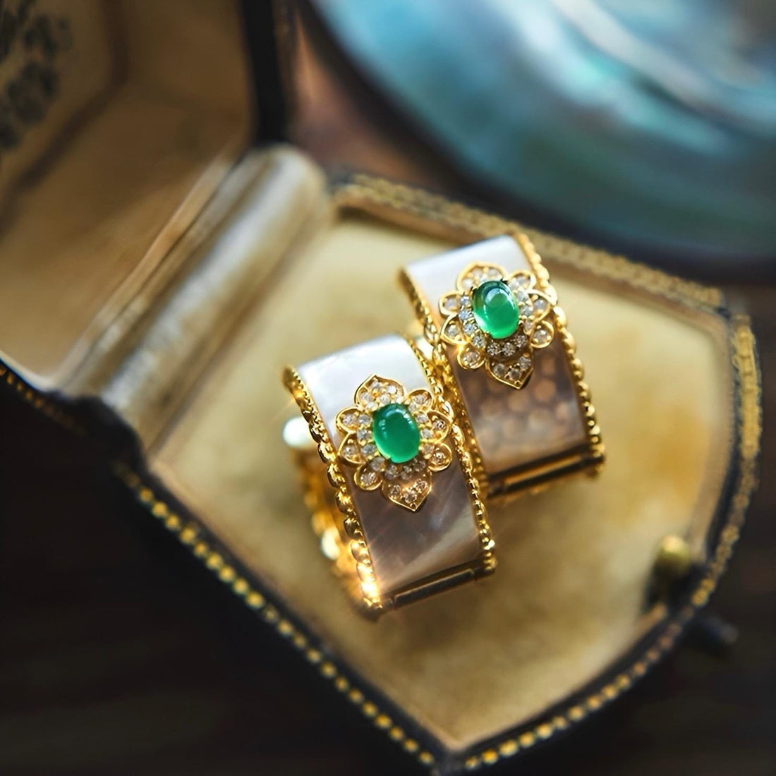 Vintage French-Inspired Small-Batch Artisanal Earrings with Green Jade and Mother of Pearl in Gold, Statement hoop Earrings,  gold hoops,