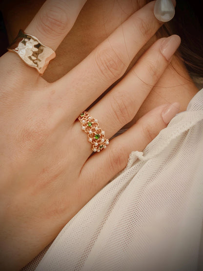 18K Solid Gold Lace Ring with Natural Tsavorite Garnets and Saltwater Pearls – Customizable Gold Lace Ring