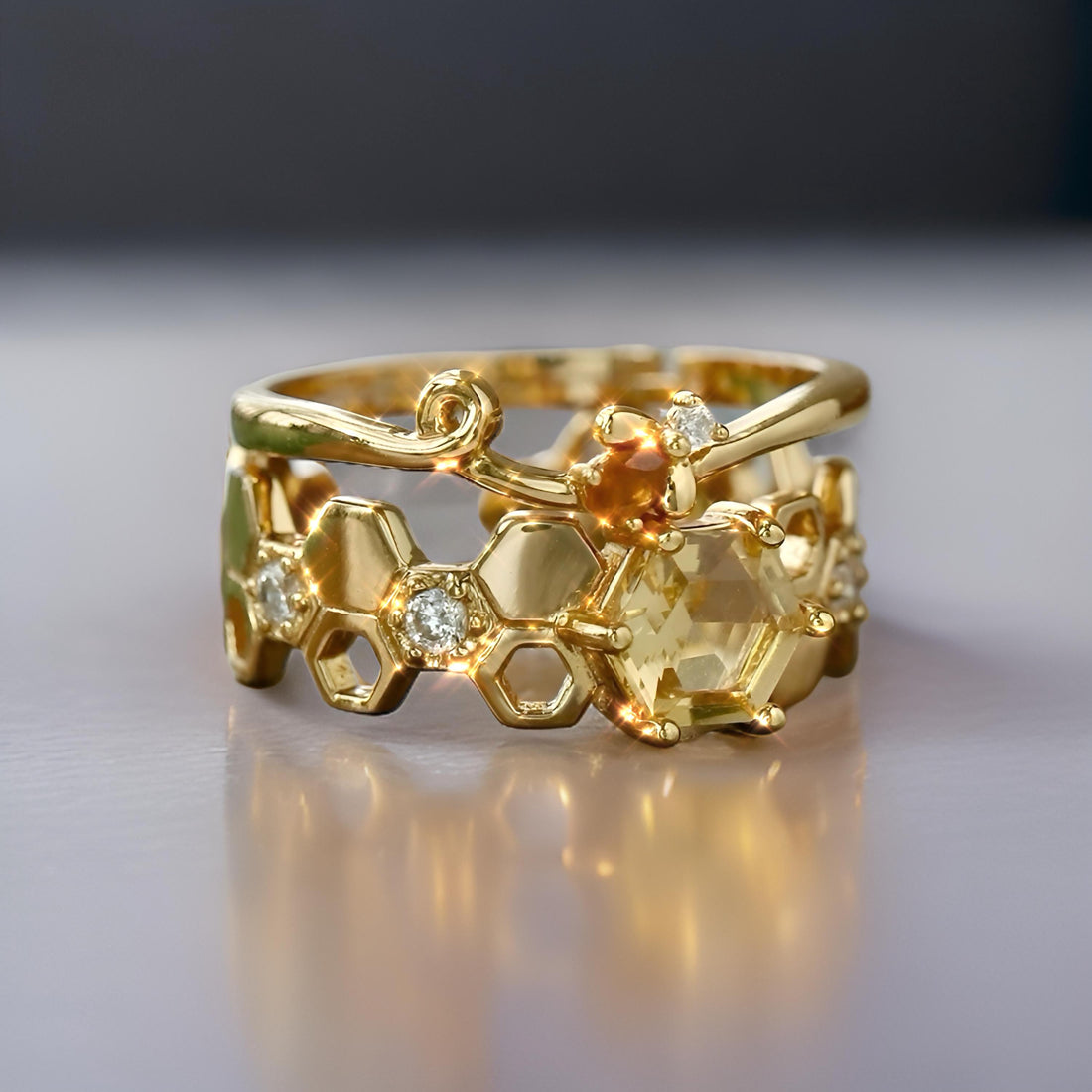 18K Gold Honeycomb Ring | Honey Bee Inspired Ring with Natural Citrine and Orange Garnet | Customizable with Solid Gold & Diamonds