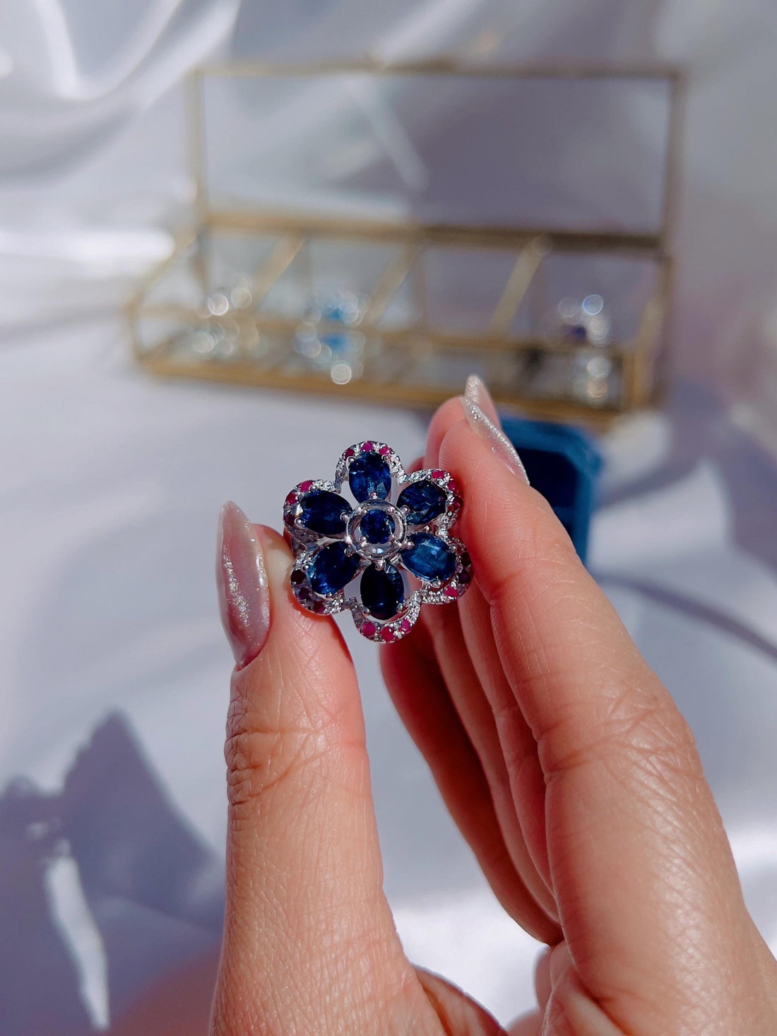 Natural Iolite Ruby Sapphire Flower Ring