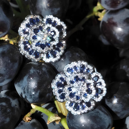 Vintage French-Inspired Small-Batch Artisanal Earrings with Diamonds and Blue Sapphires, Camellia Sapphire Earrings, gift for her