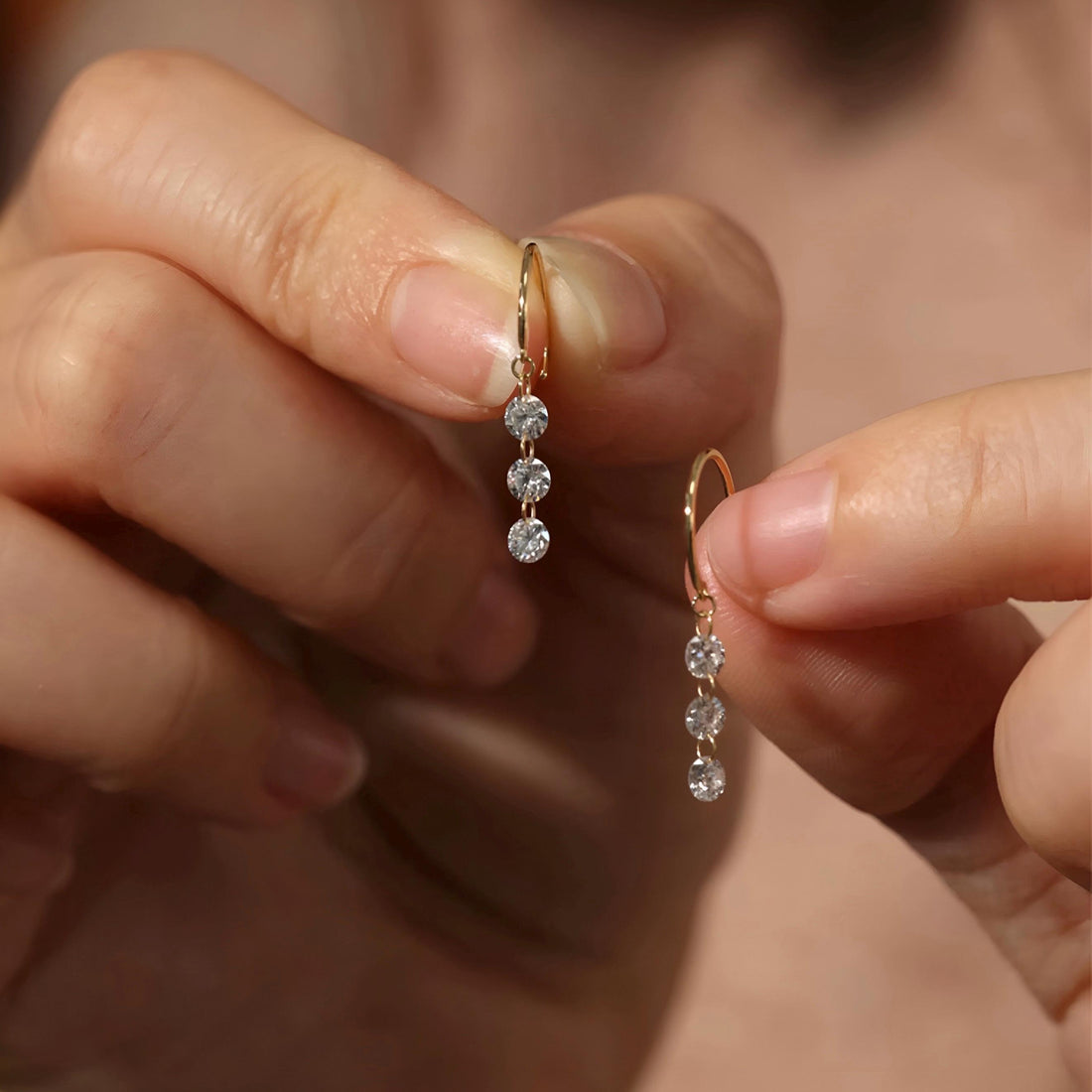 18K Solid Gold Triple Diamond Drop Earrings