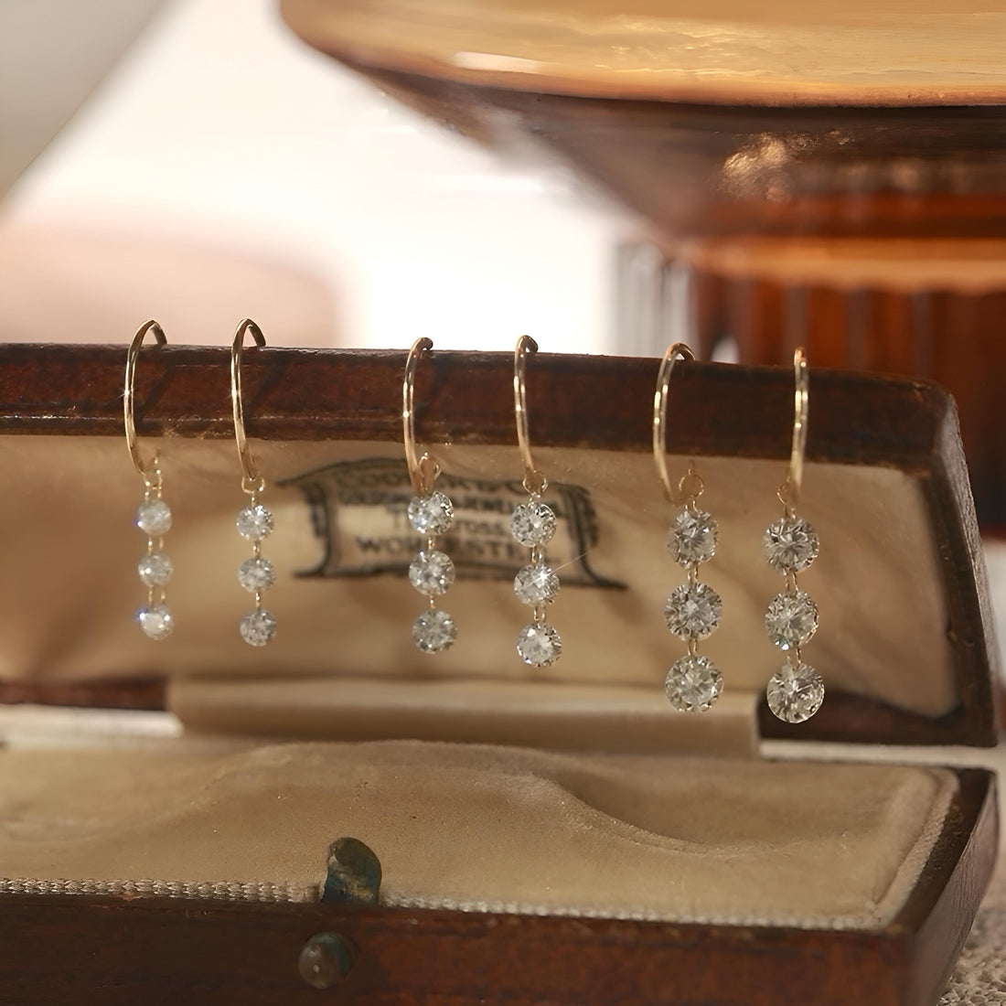 18K Solid Gold Triple Diamond Drop Earrings