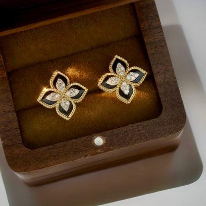 18K Solid Gold Four-Leaf Clover Natural Diamond Earrings