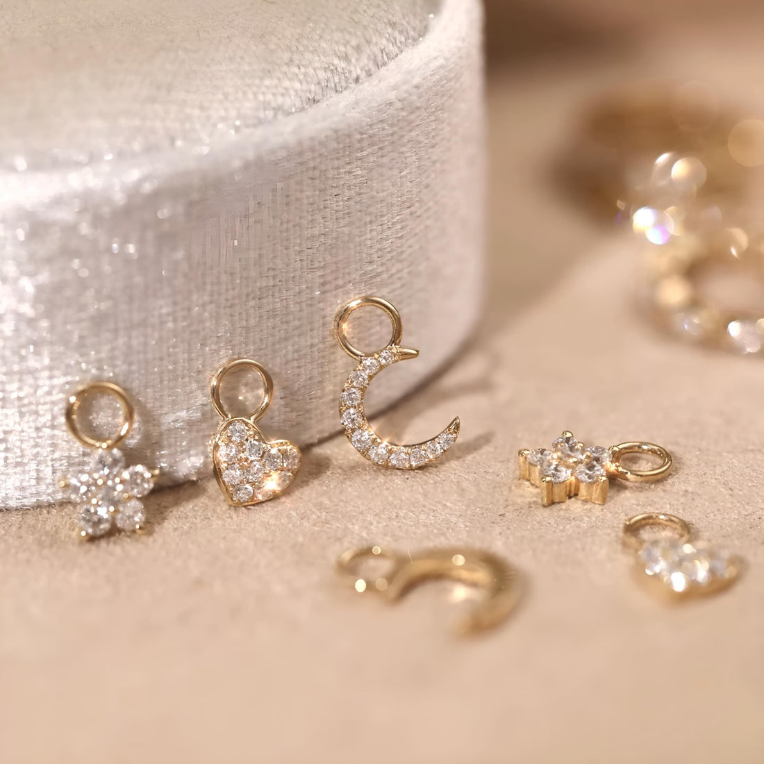 18K Solid Gold Pavé Diamond Charms – Crescent Moon, Heart & Flower | Dainty Charms for Hoops Earrings or Bracelets, Gift for her