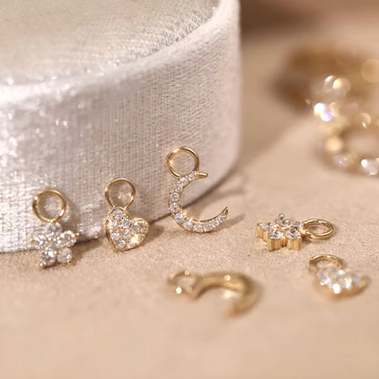 18K Solid Gold Pavé Diamond Charms – Crescent Moon, Heart & Flower | Dainty Charms for Hoops Earrings or Bracelets, Gift for her