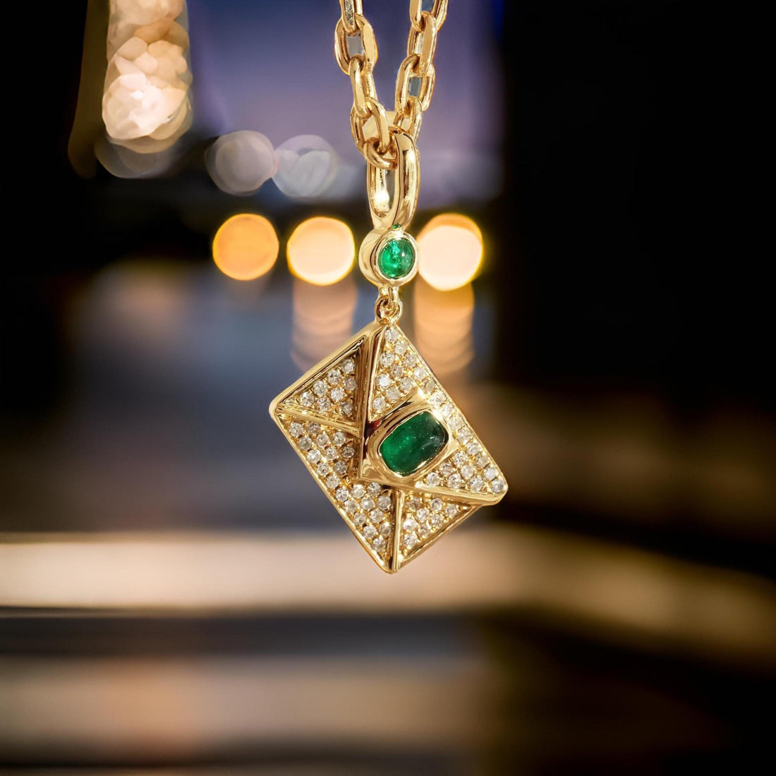 18K Solid Gold Emerald Diamond Envelope Pendant