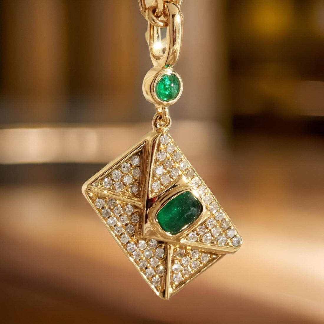18K Solid Gold Emerald Diamond Envelope Pendant