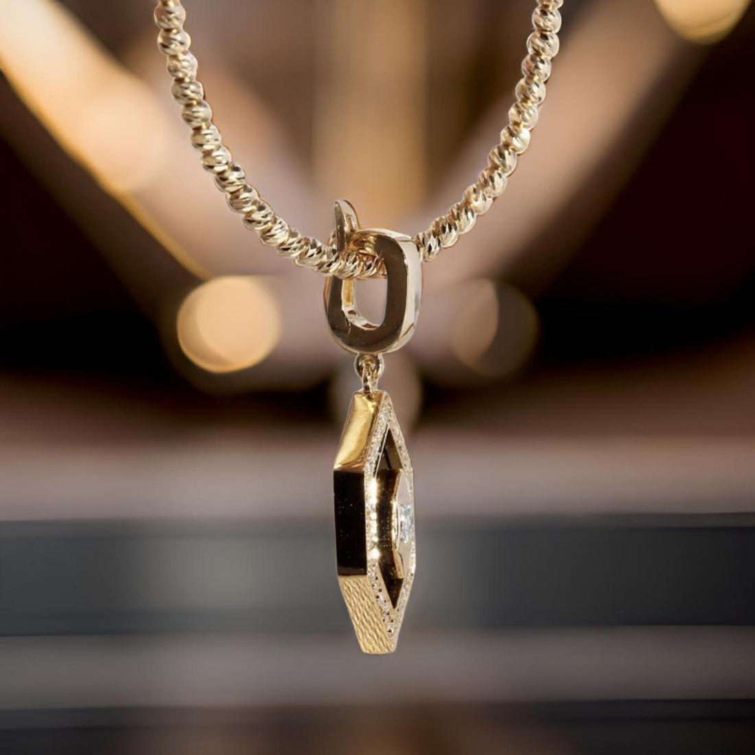 18K Solid Gold Art Deco Diamond Pendant, Black Onyx Charm,Vintage-Inspired Necklace, Natural Diamond Gold Pendant, Fine Jewelry Gift for Her