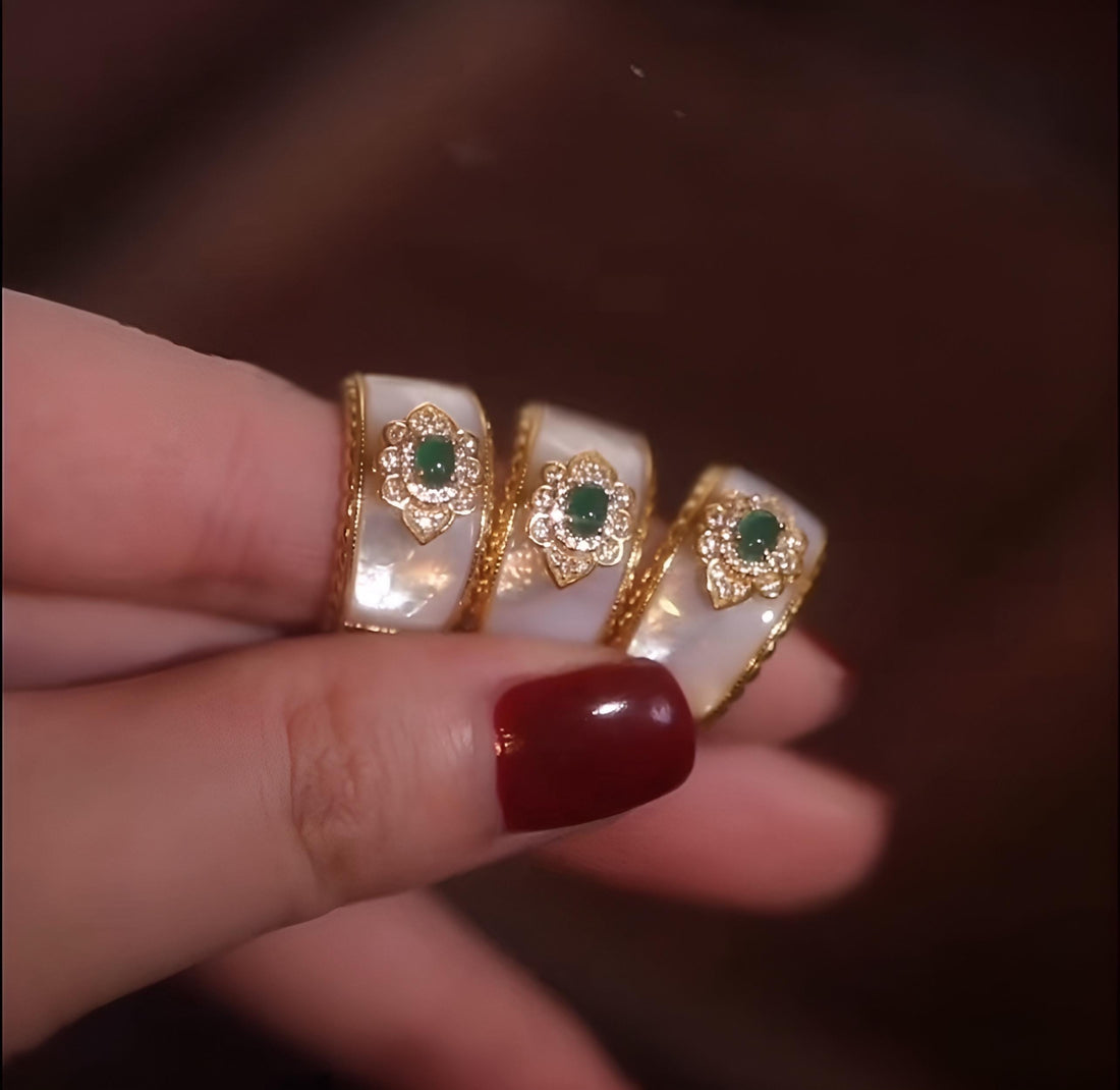 French-Inspired Small-Batch Artisanal Earrings with Green Jade and Mother of Pearl