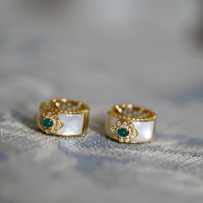 French-Inspired Small-Batch Artisanal Earrings with Green Jade and Mother of Pearl
