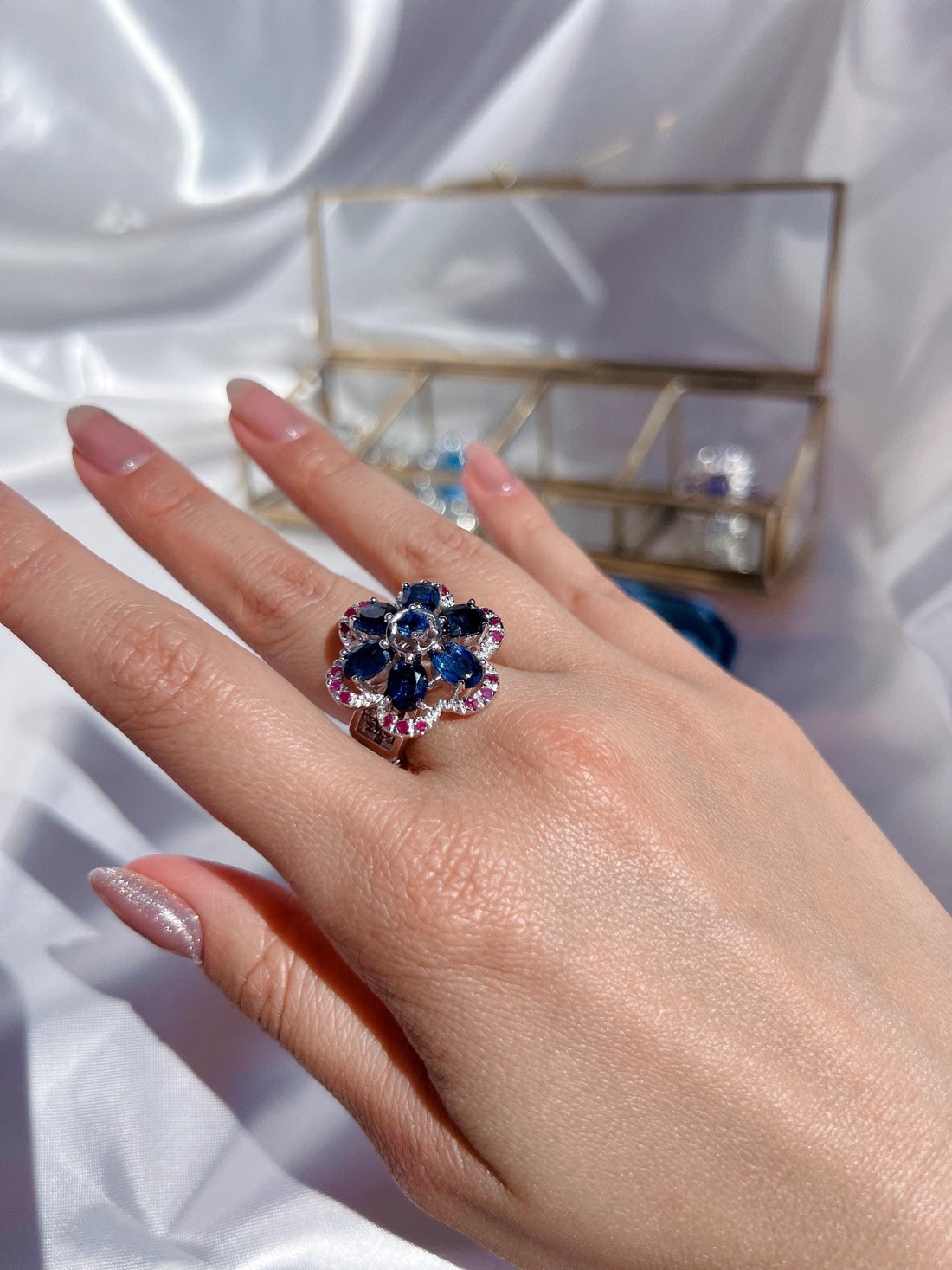 Natural Iolite Ruby Sapphire Flower Ring
