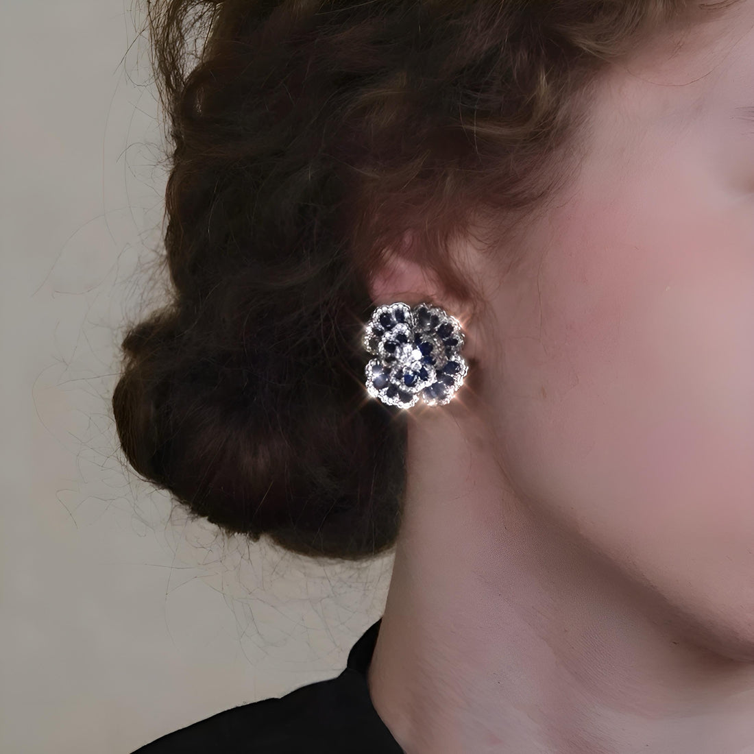 Vintage French-Inspired Small-Batch Artisanal Earrings with Diamonds and Blue Sapphires, Camellia Sapphire Earrings, gift for her