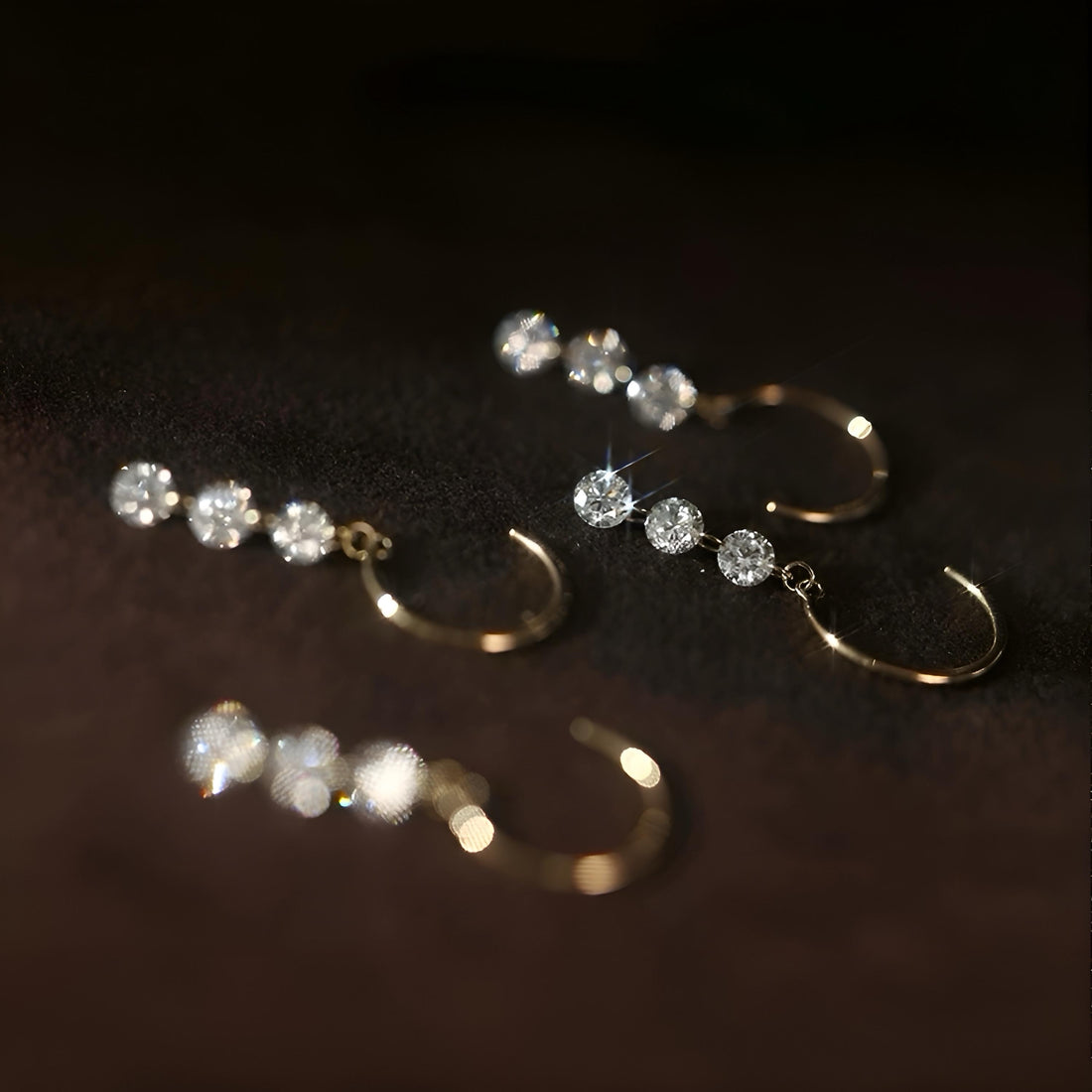 18K Solid Gold Triple Diamond Drop Earrings