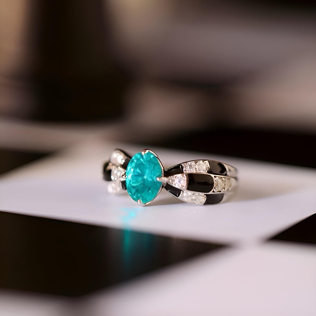 French Art Deco Paraiba Tourmaline Ring | Hand-Painted Enamel Checkered Band | Vintage-Inspired Cocktail Ring | Parisian Chic Jewelry Gift