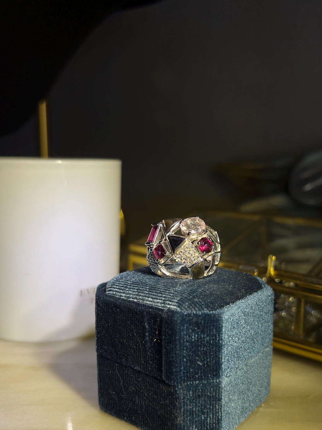 One of a Kind Cocktail Ring with Morganite, Rubellite Tourmaline & Sapphires