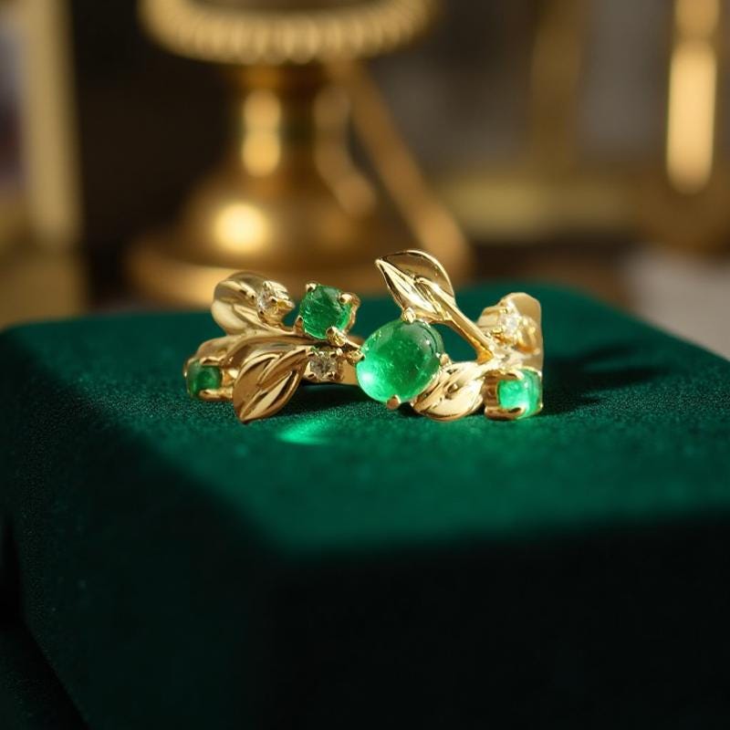 18K Solid Gold Natural Emerald Ring with Diamonds
