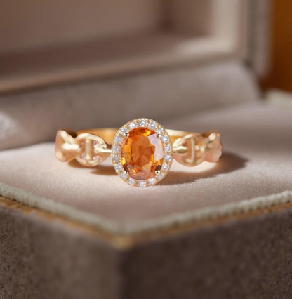 18K Solid Gold Mandarin Spessartine Garnet Ring with Natural Diamonds