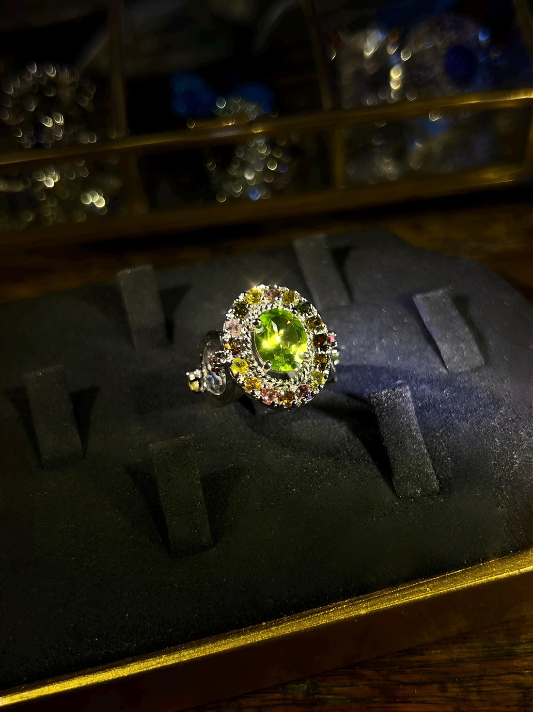 Natural Peridot & Rainbow Tourmaline Halo Ring