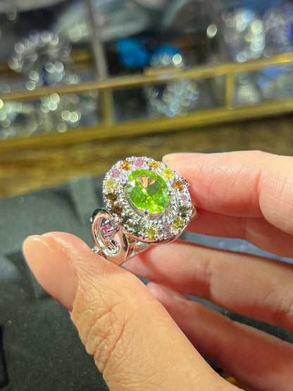 Natural Peridot & Rainbow Tourmaline Halo Ring