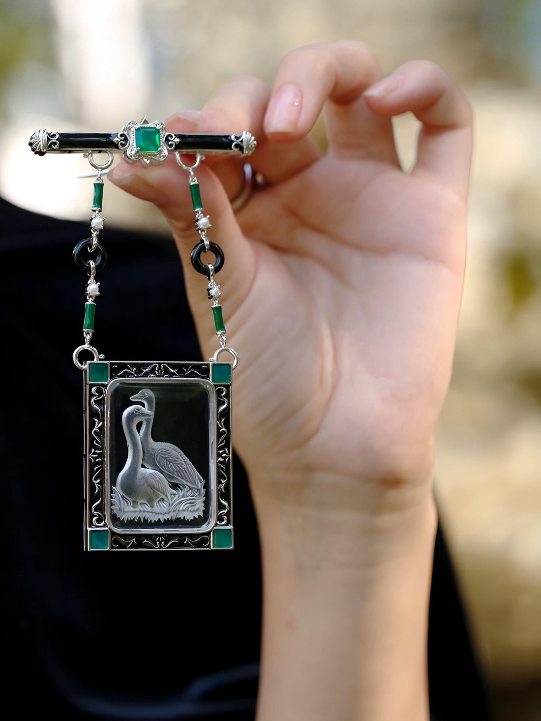 Art Deco Crane Pendant Brooch Necklace Set | Convertible Vintage-Style Jewelry