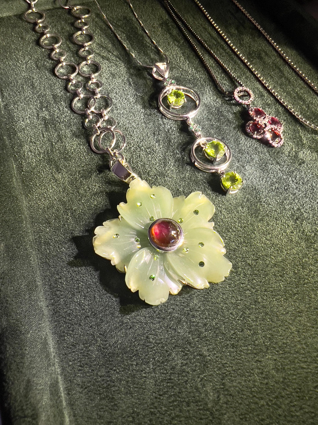 Hand-Carved Aventurine and Rubellite Tourmaline Flower Pendant Necklace