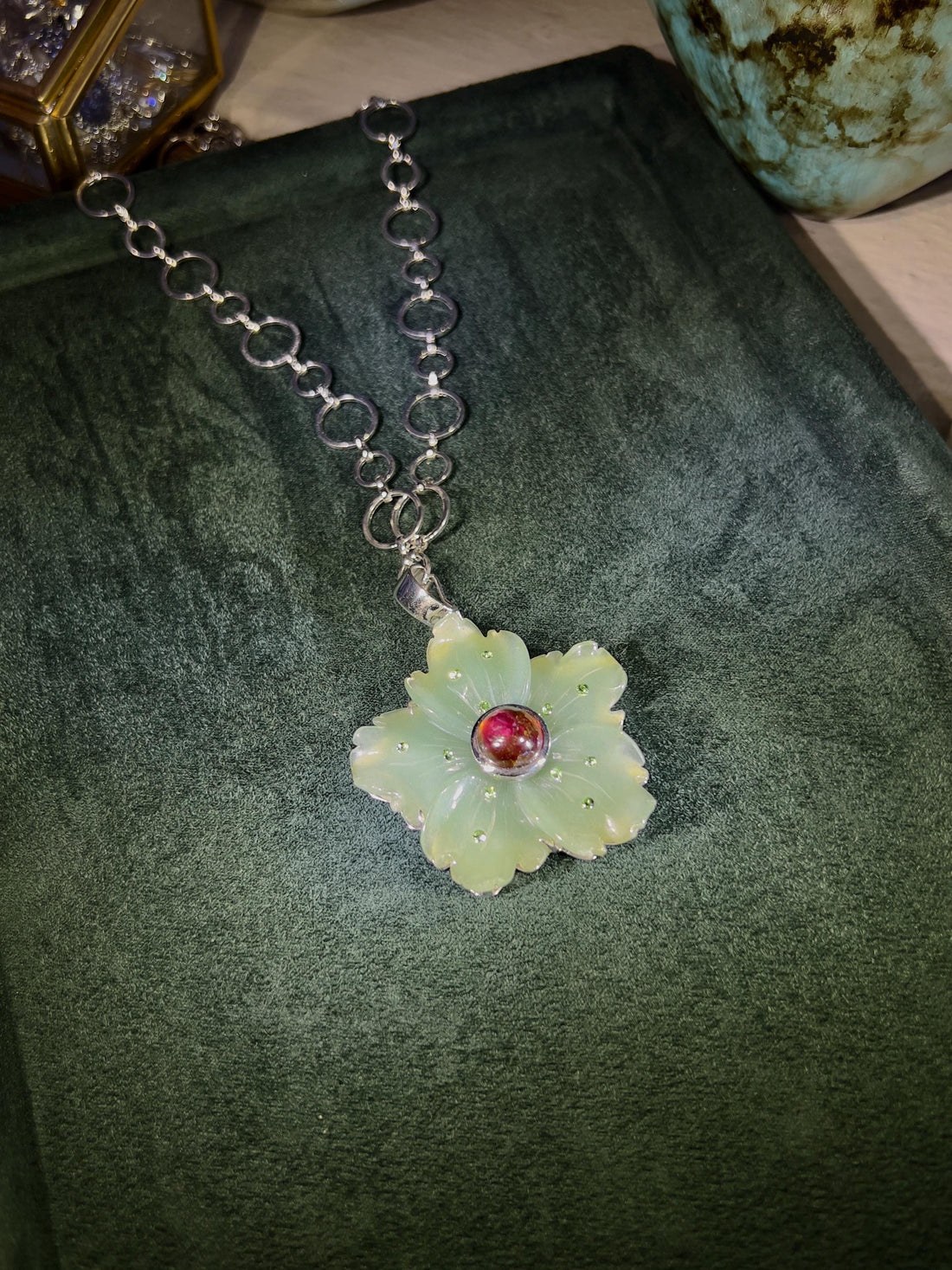 Hand-Carved Aventurine and Rubellite Tourmaline Flower Pendant Necklace