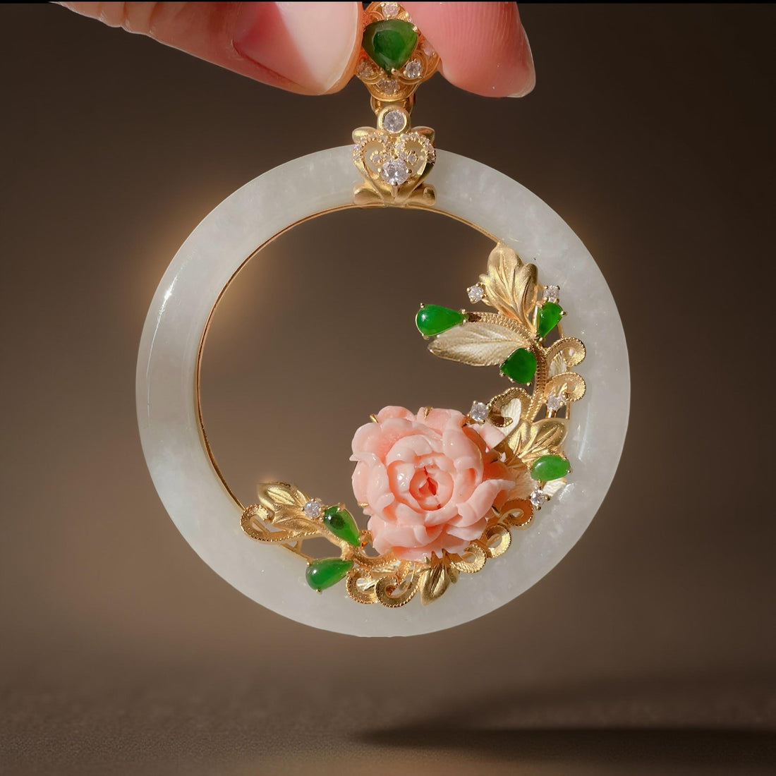 One-of-a-Kind Jadeite Pendant with Hand-Carved Coral Rose & Diamonds