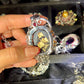 Hand-Carved Natural Baltic Amber Cameo Necklace with Rubies and White Sapphires